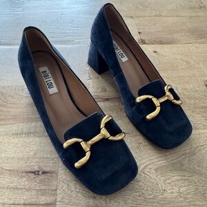 Bibi Lou model Renee 60 Suede navy Block Heel Loafers Gold Buckle size 35